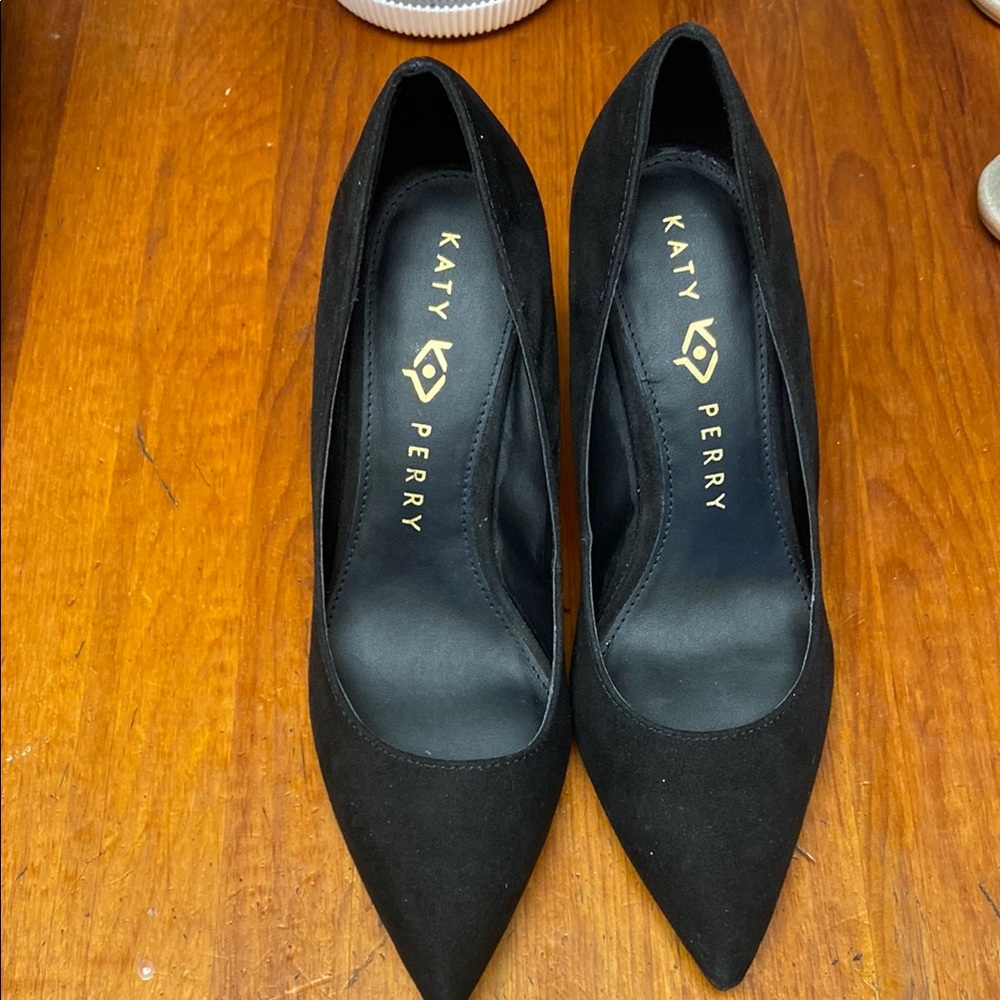 Katy Perry Collections Delilah Black Pointed-Toe Suede Pumps with Gold Heels